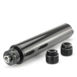 8.85″L 1.85″OD Carbon Fiber Modular Solvent Trap MST 8x Aluminum Cups 1/2×28,5/8×24 with 1/2×28,.578×28.9/16×24,13.5x1LH Booster - Solvent Traps | P80 Source